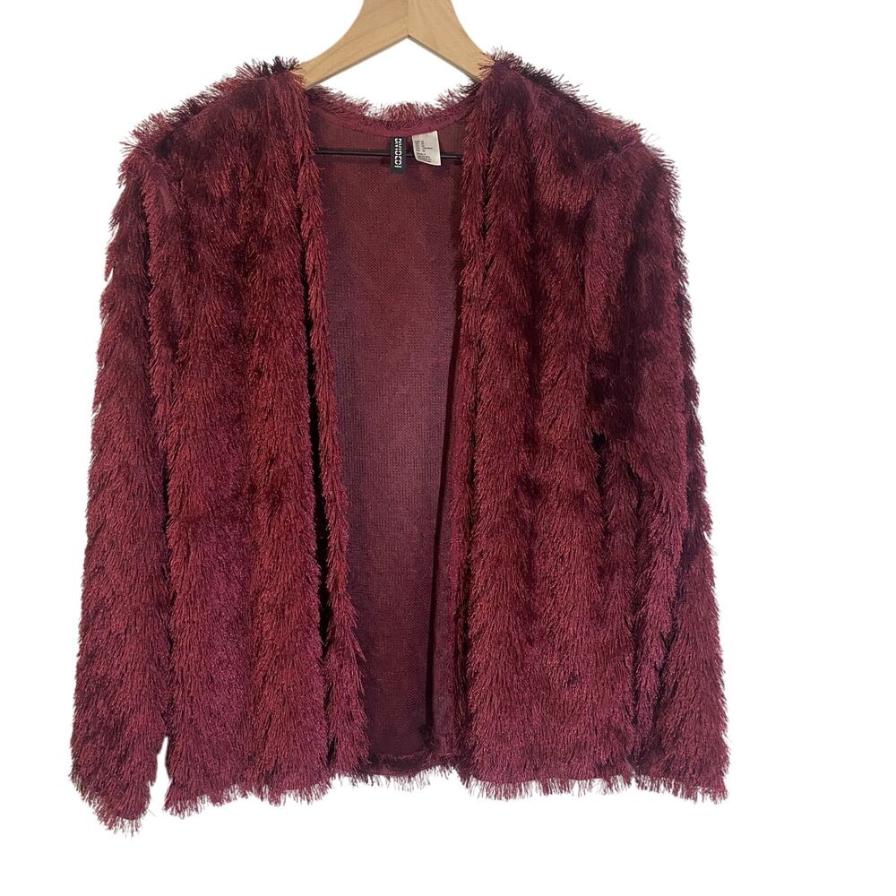 H&M Burgundy Maroon Shaggy Chevron Open Front Karma Jacket Faux Fux Fringe Sz M
